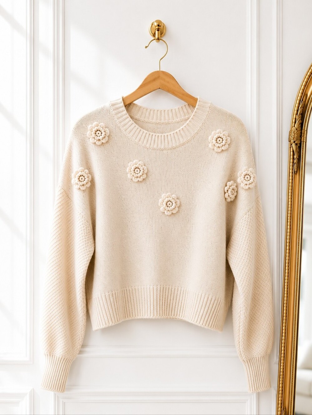 Jessica Simpson Floral Embellished Knit Sweater Size M | Cream 3D Flower - Picture 5 of 8